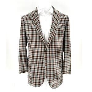 ISAIA Napoli Brown & Teal Check Wool Linen Sport Coat - Size 56IT (46US)